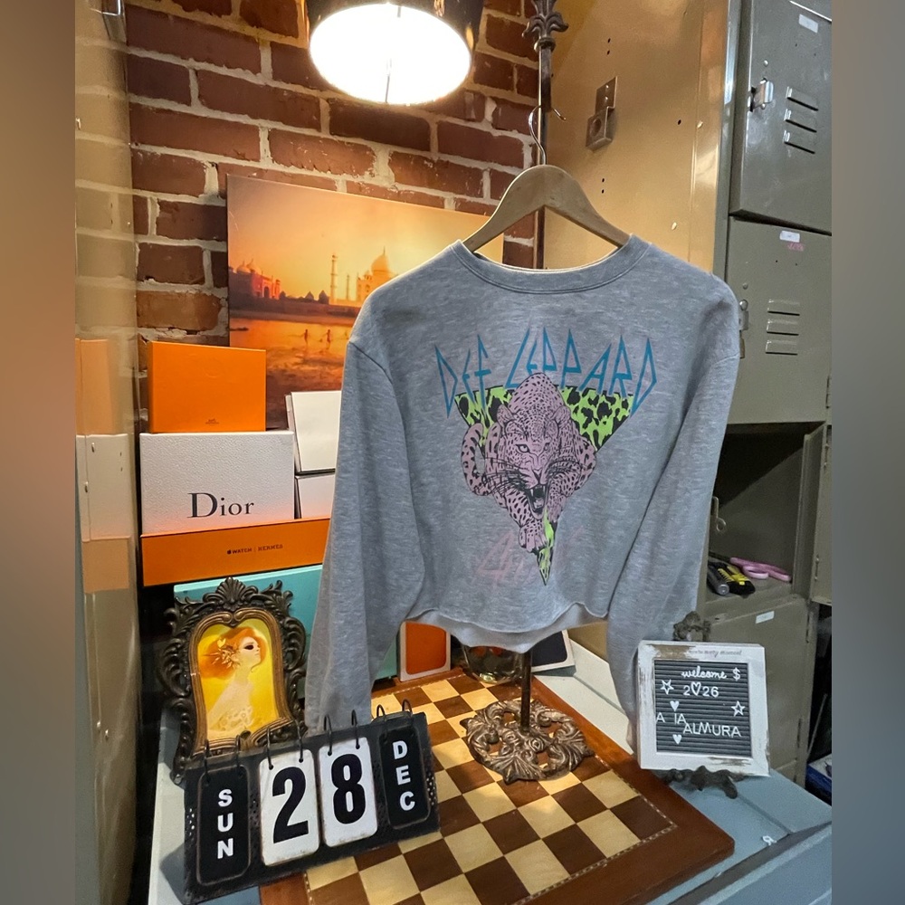 Crop Def Leppard Blue Leopard Graphic Sweatshirt
